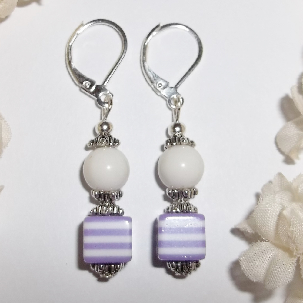 Purple and White Striped Earrings Jewelry Set 4247